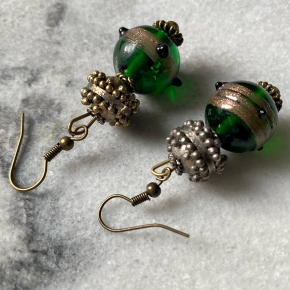 Handmade Lampwork Glass Bead Earrings Emerald Green Bronze Color Appliqué Dangle - Picture 3 of 5